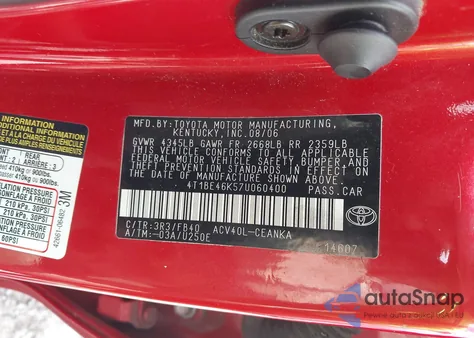 2007 Toyota Camry Le z USA, uszkodzony, nr VIN 4T1BE46K57U060400